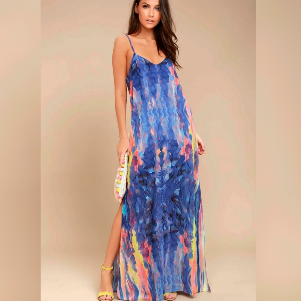 Lulu's Flying Watercolors Royal Blue Print Maxi Dress - Size M